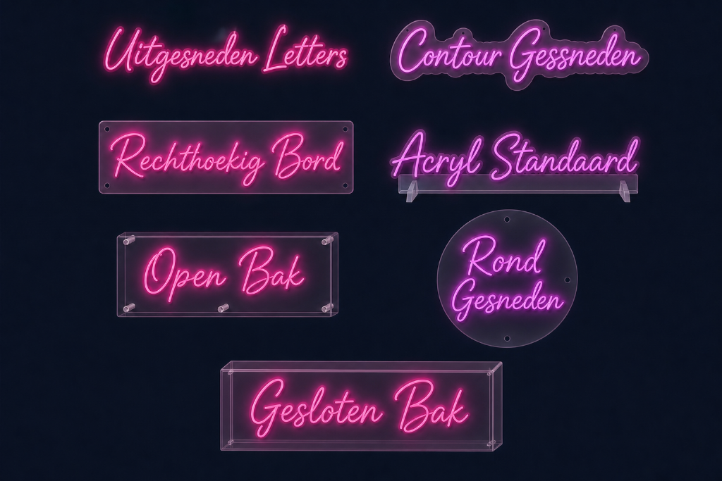 De vormen waarin de achterplaat van een neonbord gesneden kan worden